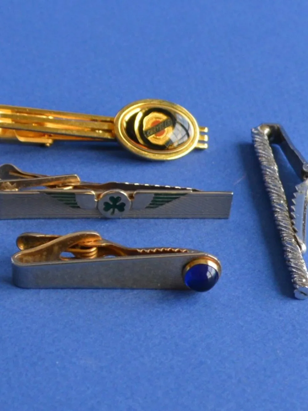 Set of 4 Tie Clasps/Tacks-Chrysler, Square, Blue Stone, Rope, and Central Wing